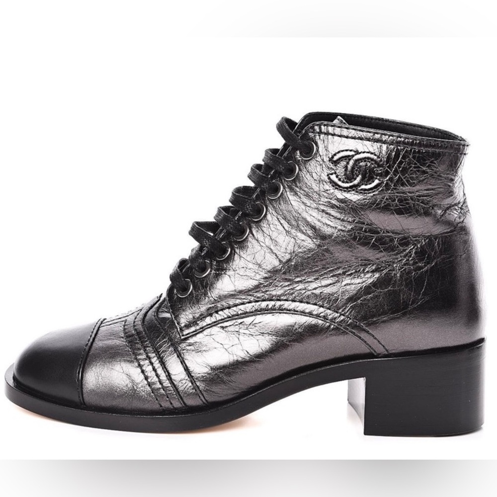 Chanel Black Leather Lace-Up Ankle Boot